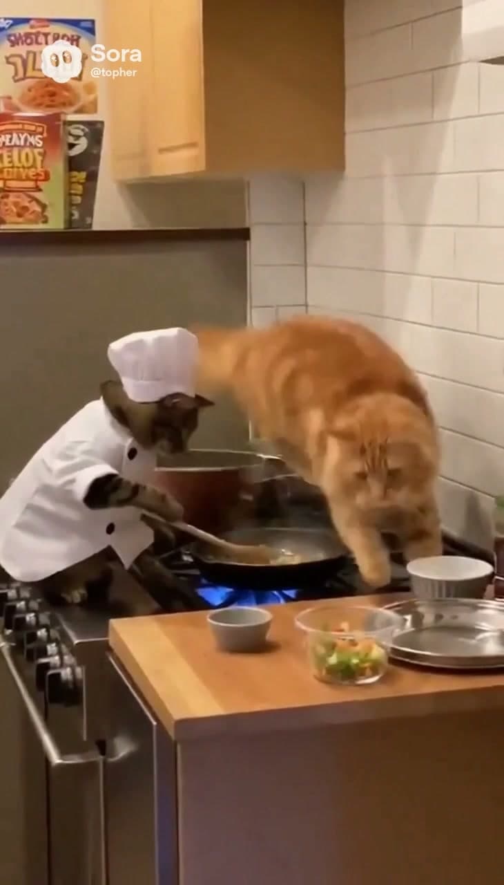 A chef cat cooking at a stove while another orange cat leaps over the kitchen.
