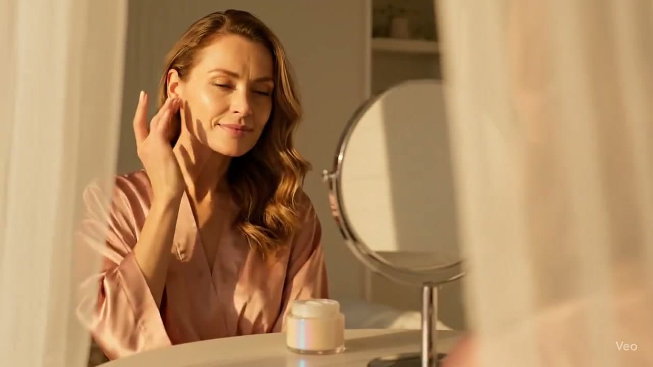A woman in a pink satin robe at a vanity table during golden hour with skincare cream.