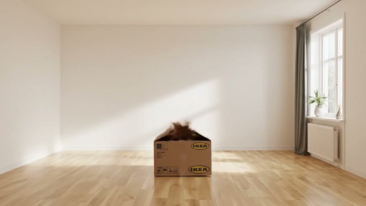 A cardboard IKEA box in a bright minimalist room with a blurred cat jumping out.